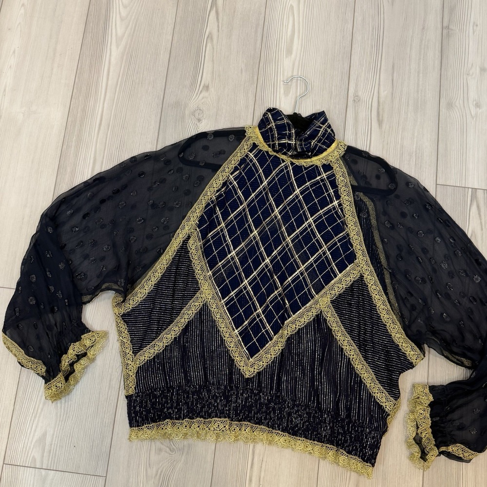 Koos Van Den Akker Couture 1980s Silk Blouse Shirt Sheer Pattern Navy Gold - Picture 2 of 14